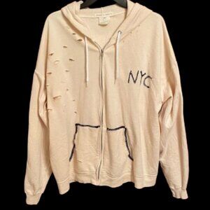 Free People Ivory Cream Distressed Zip-Up XL Hoodie